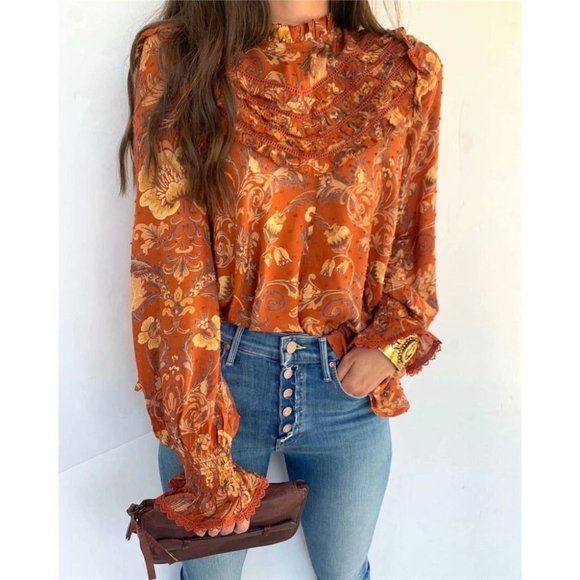 Spell & Gypsy Collective Rust Brown Blouse Top Floral Ruffle Longsleeve Medium - Picture 1 of 7